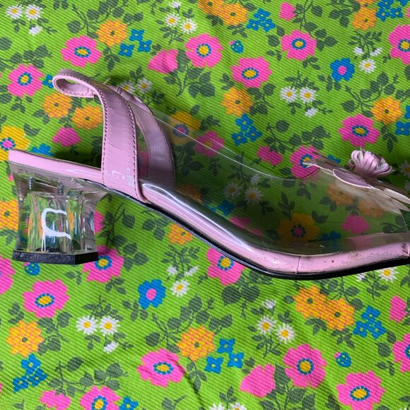Vintage Pierre Dumas Pink Floral Clear Unique Chunky Heel Mule Sandal Size 7.5 - Picture 5 of 15